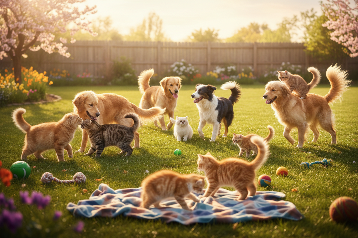 Glückliche Hunde und Katzen